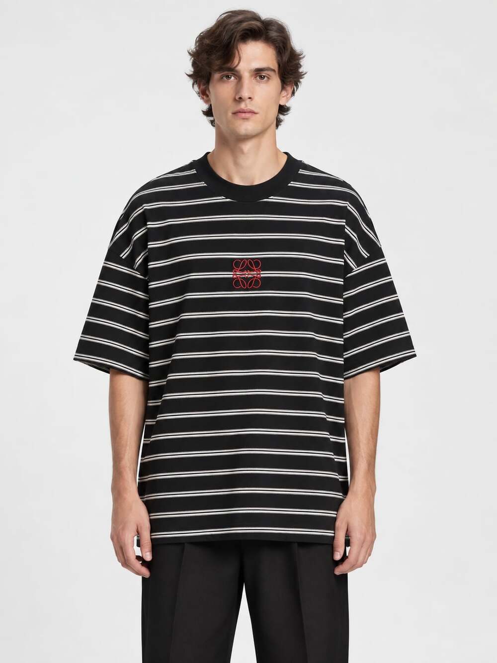 Loewe Striped Cotton T-Shirt with Red Anagram Embroidery Black White Size XL